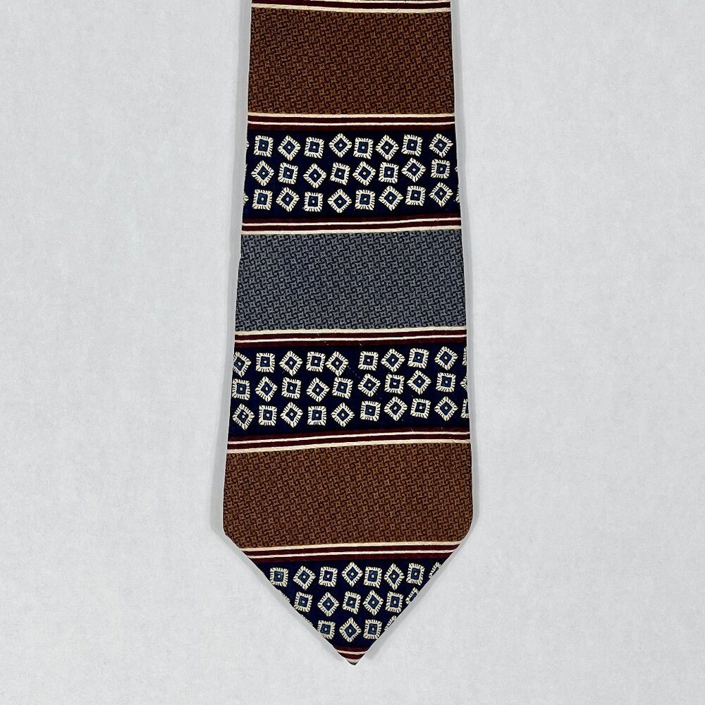 Perry Ellis Portfolio Silk Geometric Tie Brown Navy Gray 4" x 59"